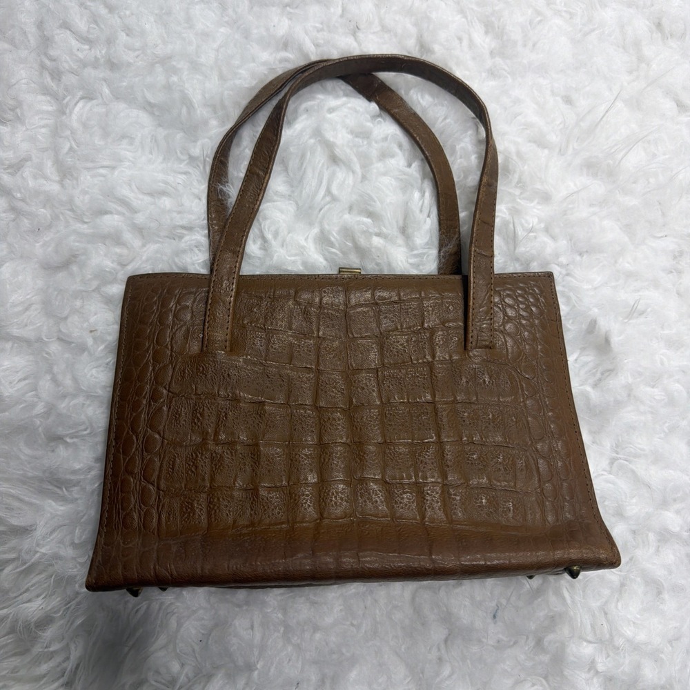Vintage 60's Crocodile Alligator Bag Carry Purse Brown Double Handle Clasp Lock